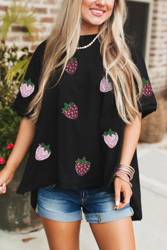 Black Sequin Strawberry Graphic High Low Relaxed Fit Tee - Love Salve