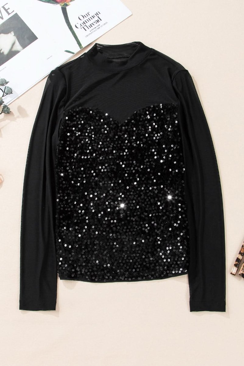 Black Sequin Velvet Sheer Mesh Mock Neck Blouse - Love Salve