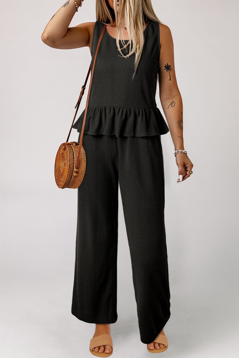 Black Solid Color Ribbed Ruffle Tank Top and Pants Set - Love Salve