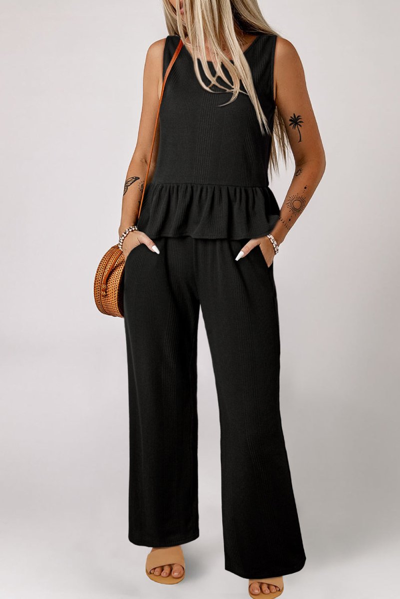 Black Solid Color Ribbed Ruffle Tank Top and Pants Set - Love Salve