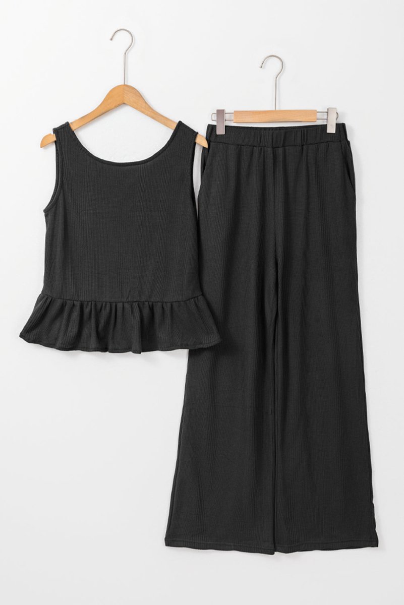Black Solid Color Ribbed Ruffle Tank Top and Pants Set - Love Salve