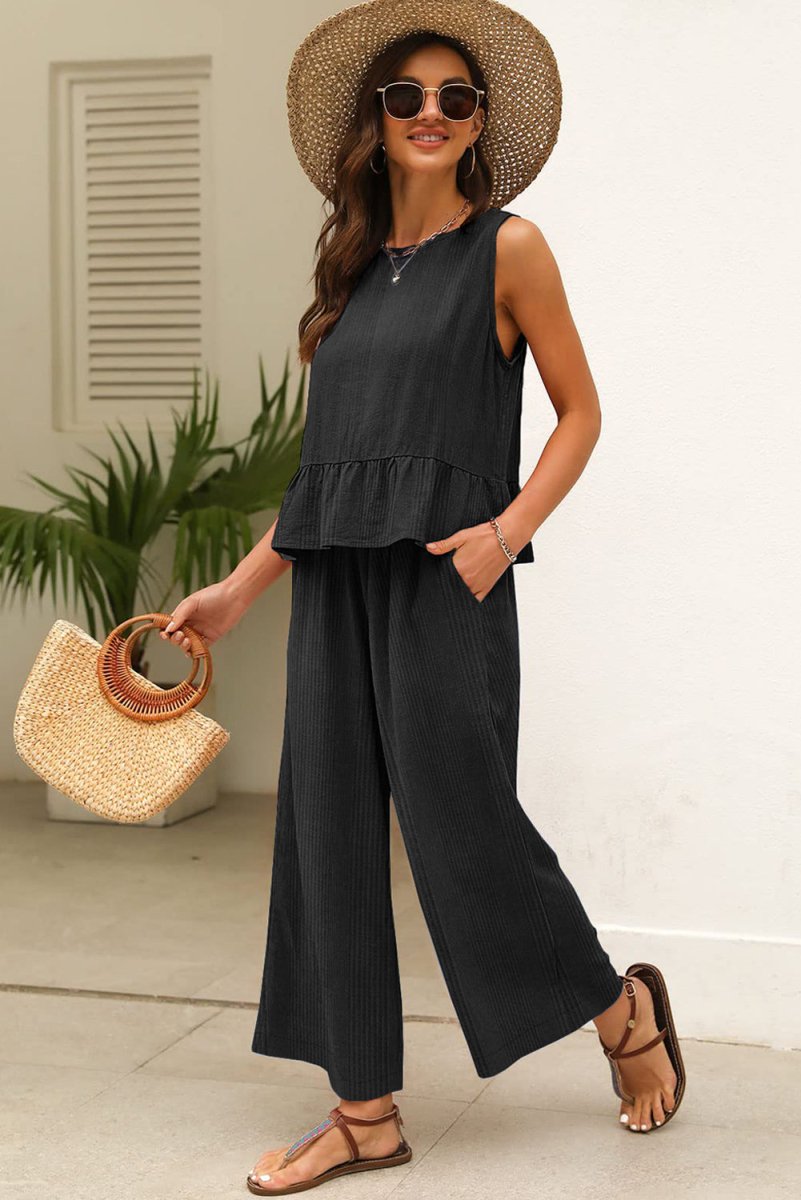 Black Solid Color Ribbed Ruffle Tank Top and Pants Set - Love Salve