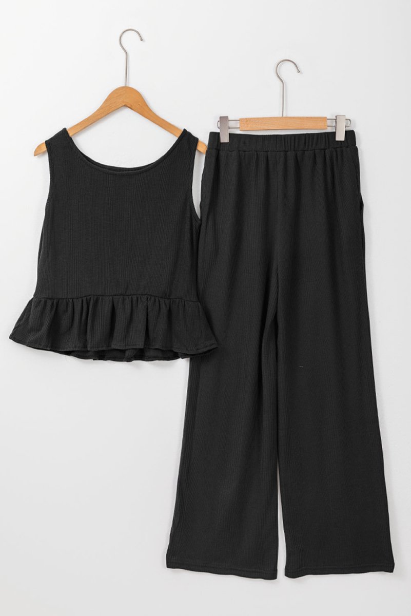 Black Solid Color Ribbed Ruffle Tank Top and Pants Set - Love Salve