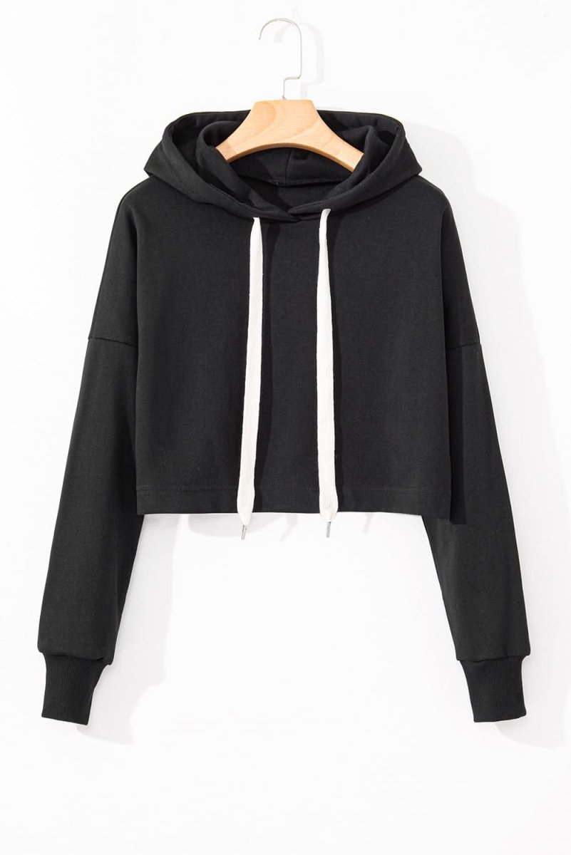Black Solid Drop Shoulder Drawstring Cropped Hoodie - Love Salve