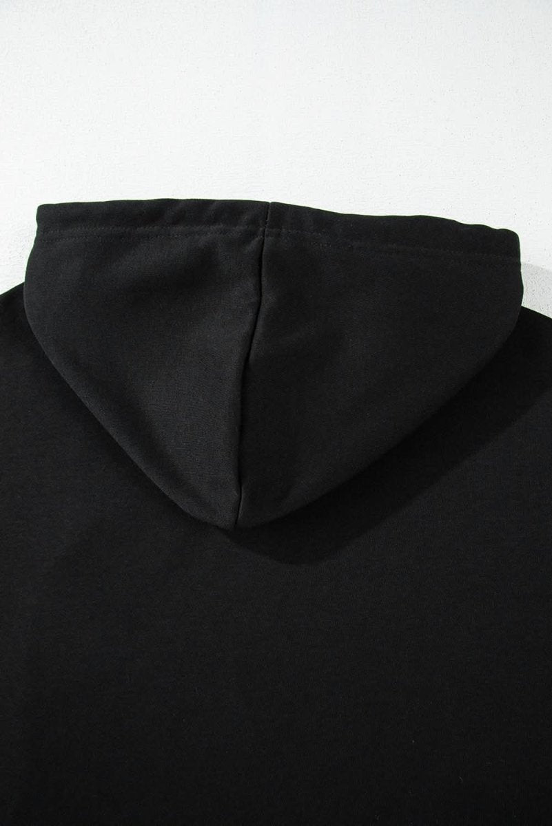 Black Solid Drop Shoulder Drawstring Cropped Hoodie - Love Salve