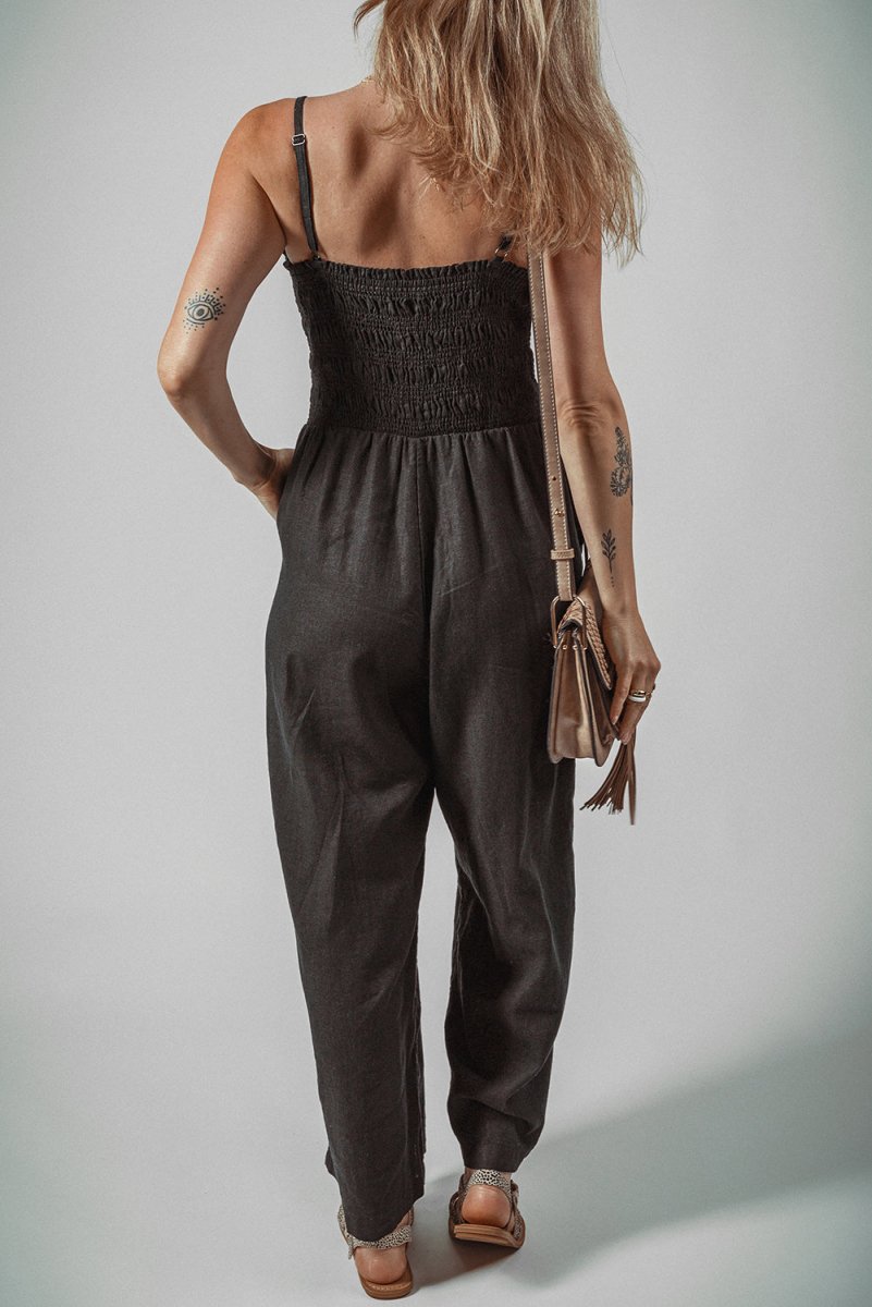 Black Spaghetti Straps Shirred Bodice Pocketed Wide Leg Jumpsuit - Love Salve