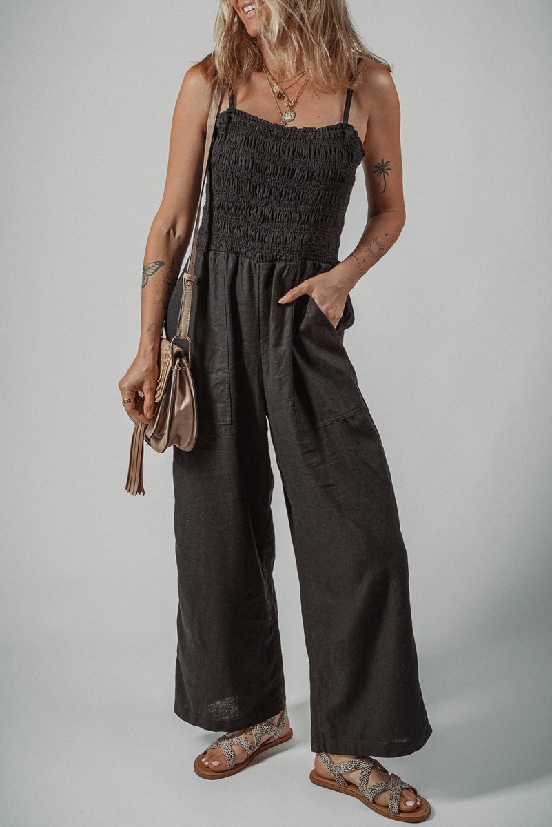 Black Spaghetti Straps Shirred Bodice Pocketed Wide Leg Jumpsuit - Love Salve
