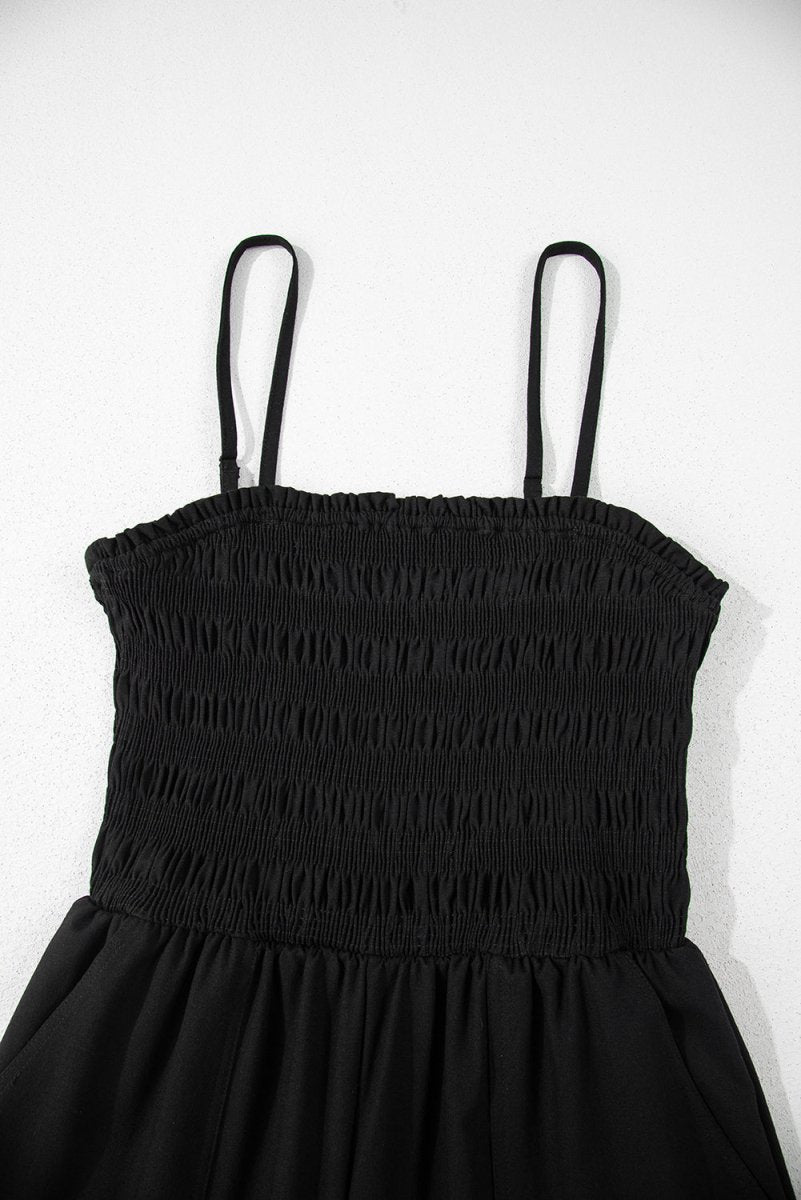 Black Spaghetti Straps Shirred Bodice Pocketed Wide Leg Jumpsuit - Love Salve
