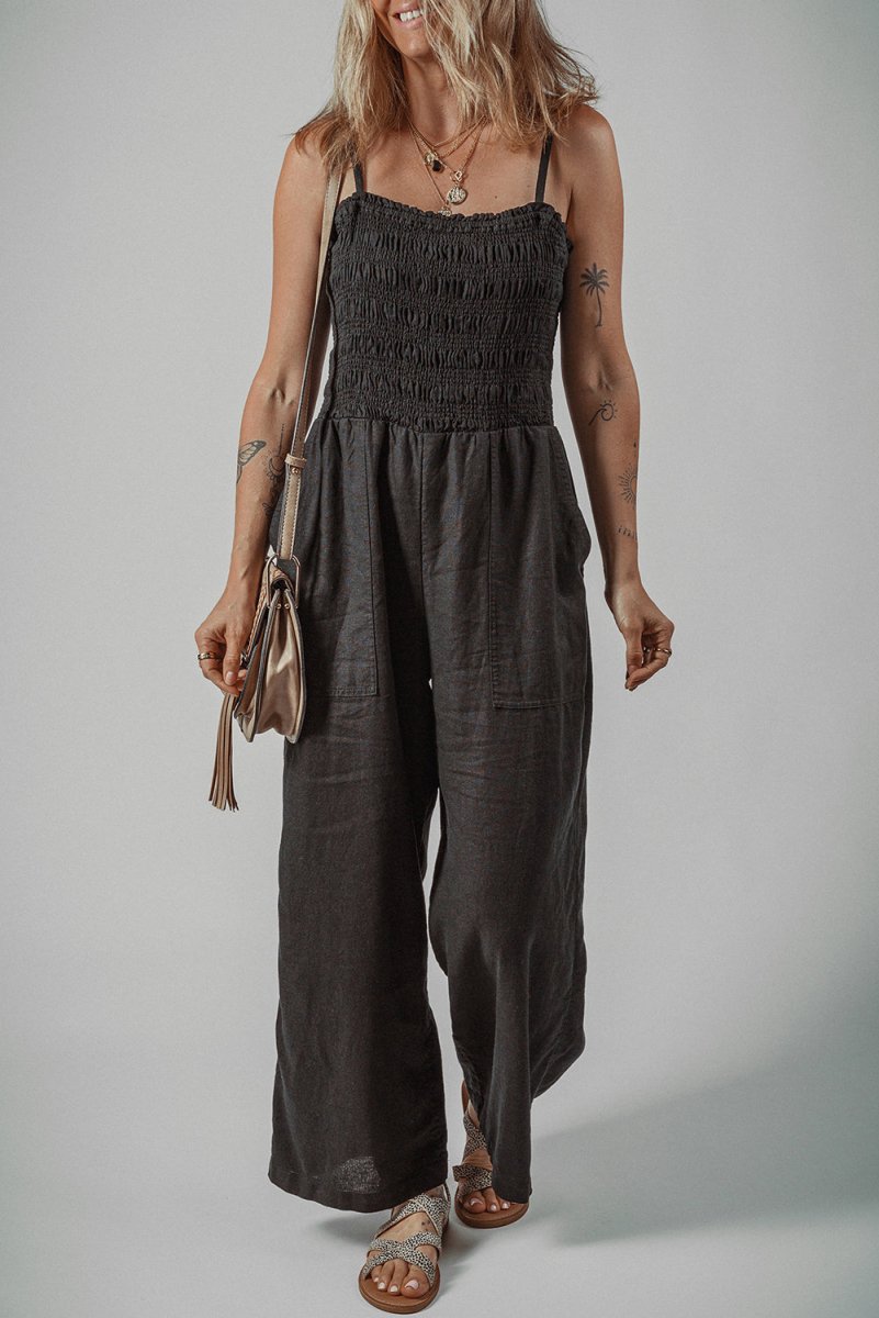 Black Spaghetti Straps Shirred Bodice Pocketed Wide Leg Jumpsuit - Love Salve