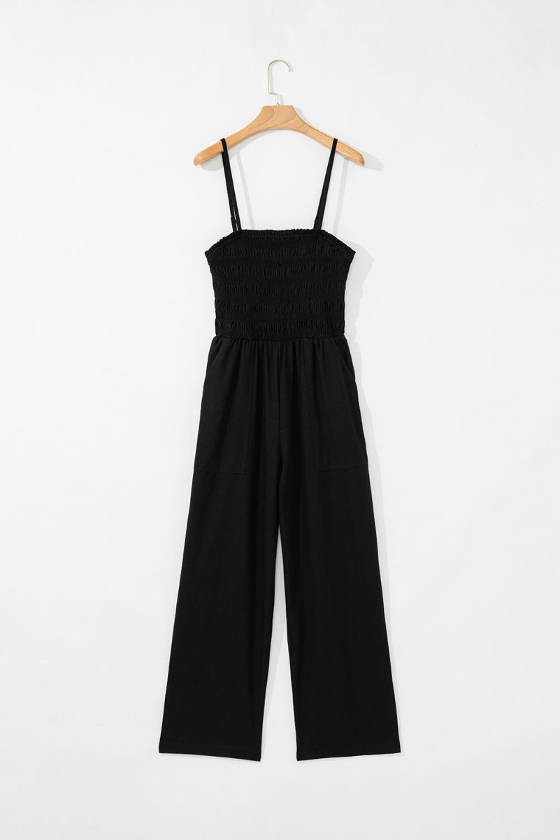 Black Spaghetti Straps Shirred Bodice Pocketed Wide Leg Jumpsuit - Love Salve