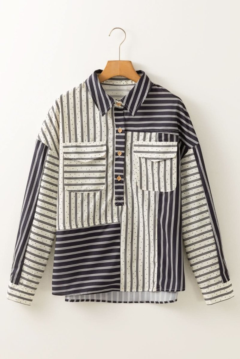 Black Stripe 2-tone Patchwork Half Buttons Chest Pockets Casual Blouse - Love Salve