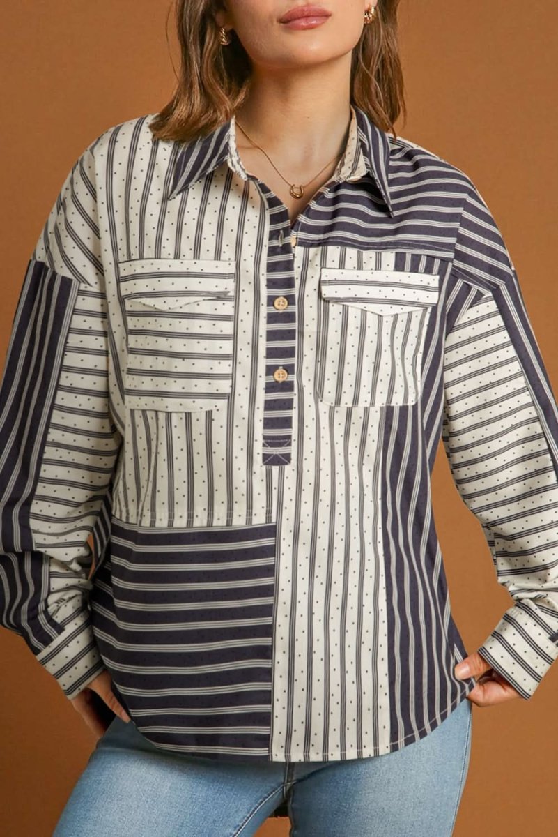 Black Stripe 2-tone Patchwork Half Buttons Chest Pockets Casual Blouse - Love Salve