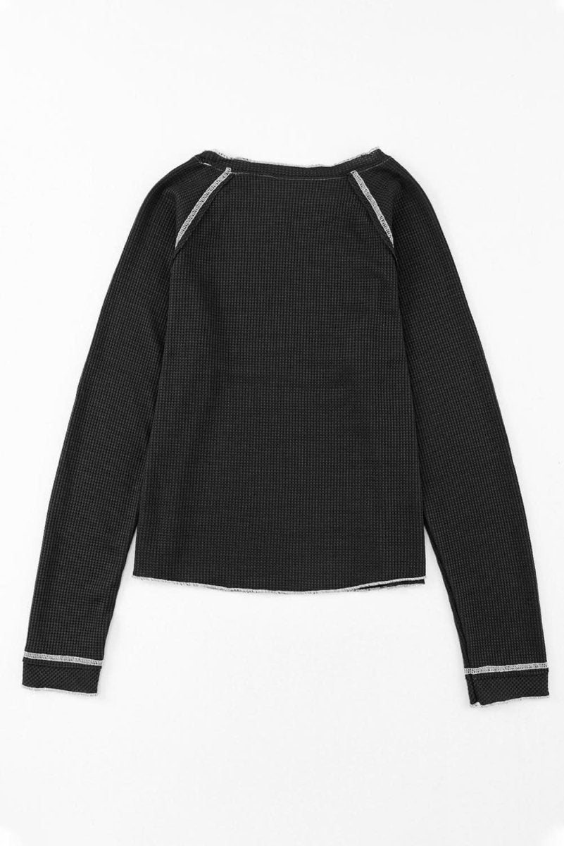 Black Textured Round Neck Long Sleeve Top - Love Salve