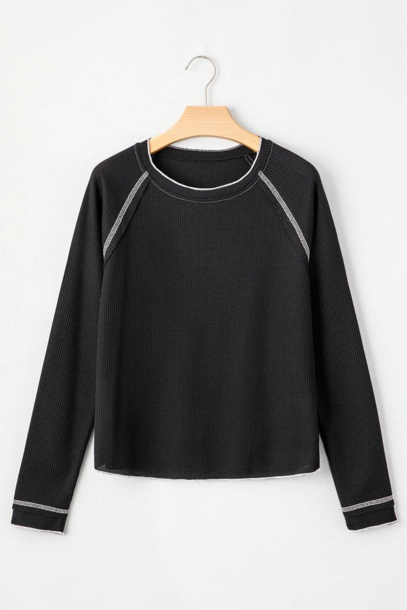 Black Textured Round Neck Long Sleeve Top - Love Salve