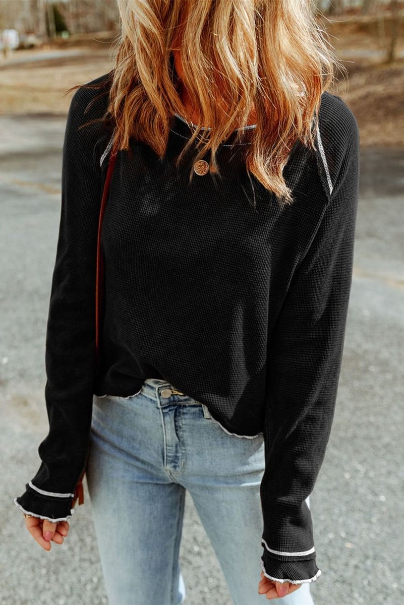 Black Textured Round Neck Long Sleeve Top - Love Salve