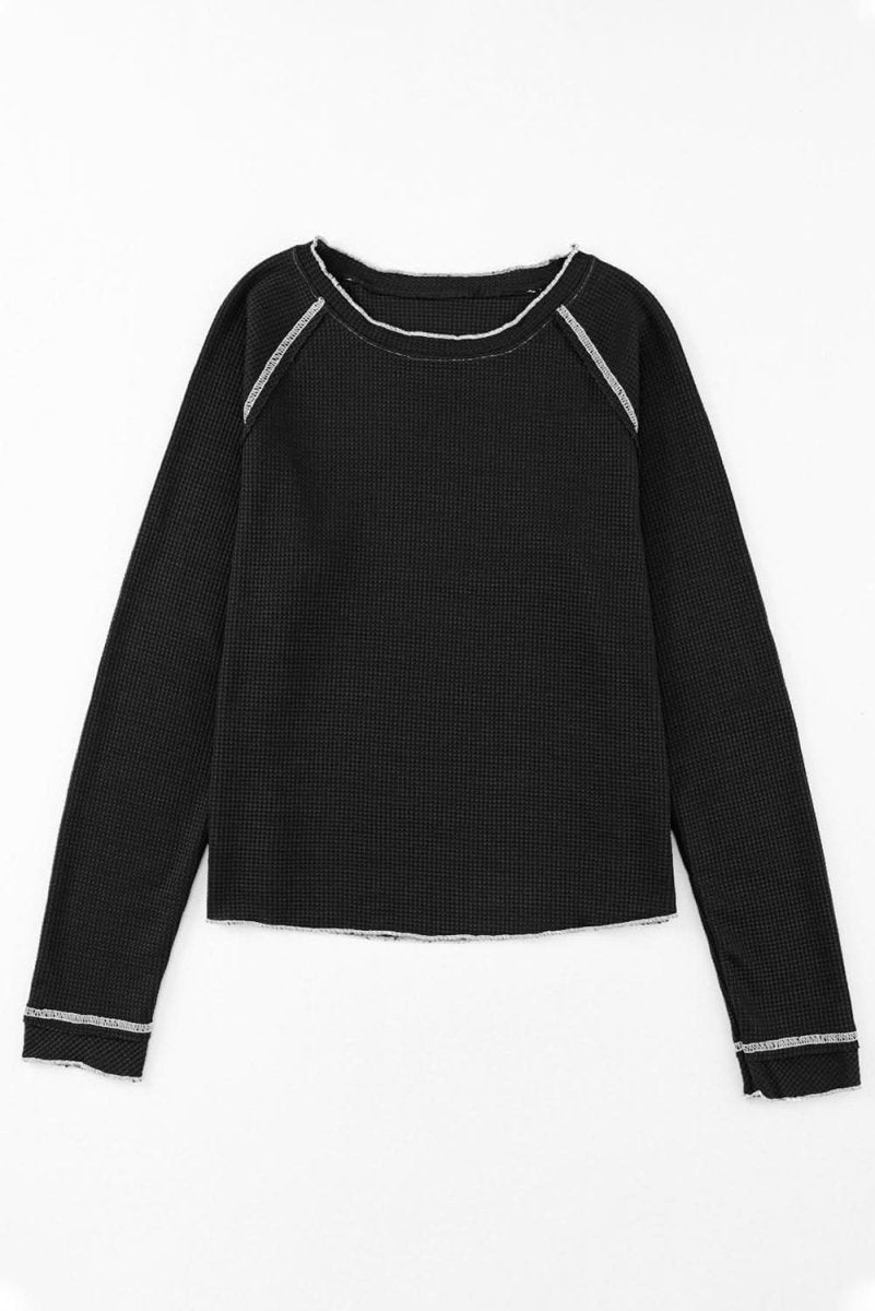 Black Textured Round Neck Long Sleeve Top - Love Salve