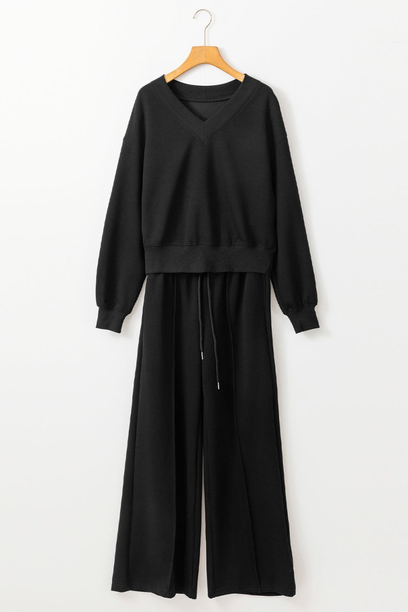 Black V Neck Cropped Seamed High Waist Sports Wear Set - Love Salve