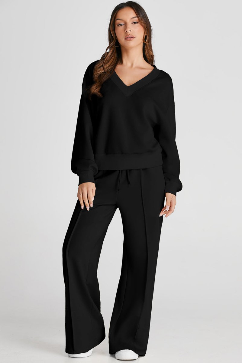Black V Neck Cropped Seamed High Waist Sports Wear Set - Love Salve