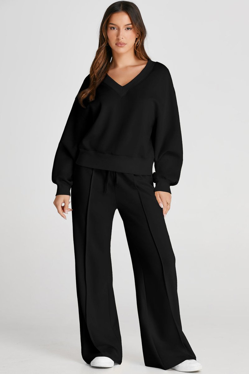 Black V Neck Cropped Seamed High Waist Sports Wear Set - Love Salve