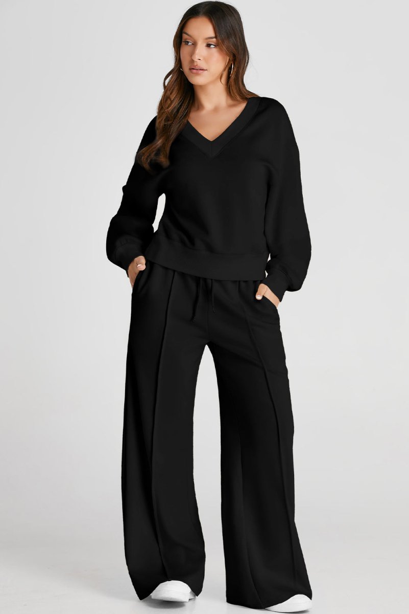 Black V Neck Cropped Seamed High Waist Sports Wear Set - Love Salve