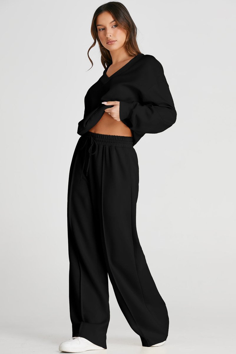 Black V Neck Cropped Seamed High Waist Sports Wear Set - Love Salve