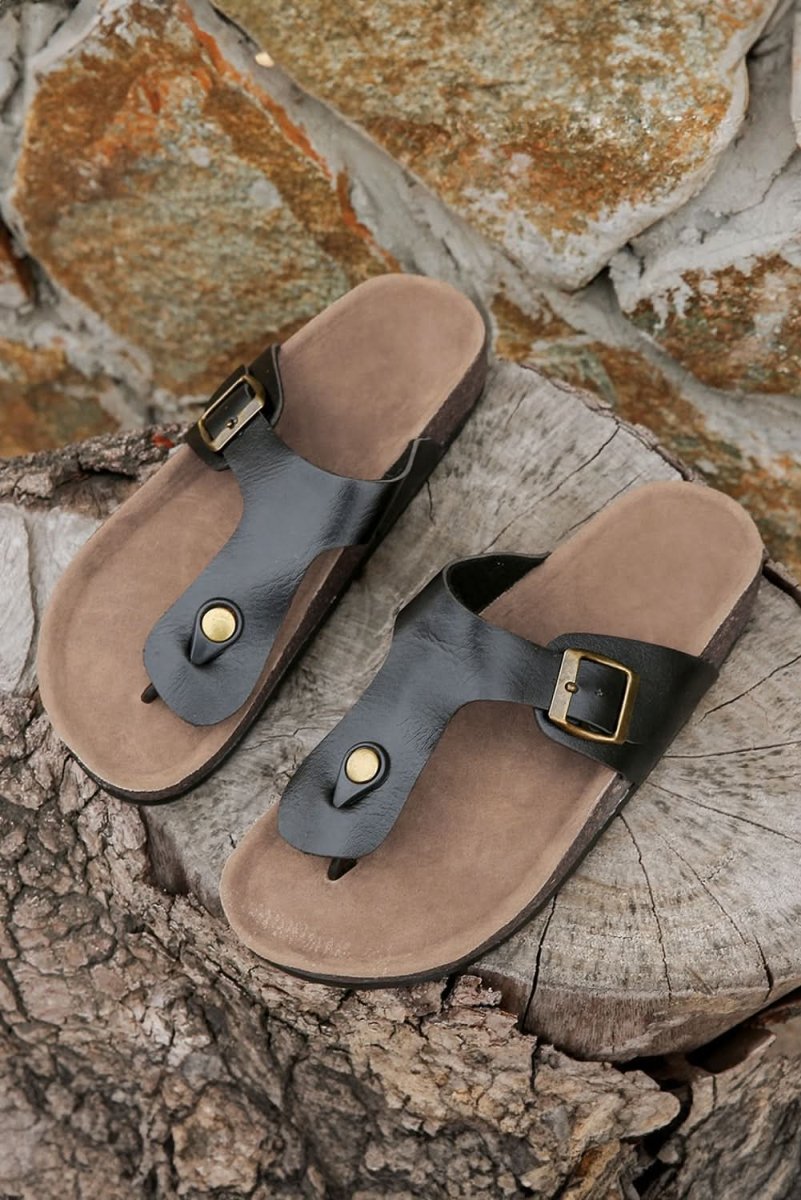 Black Vintage Buckle PU Leather Thong Slippers - Love Salve