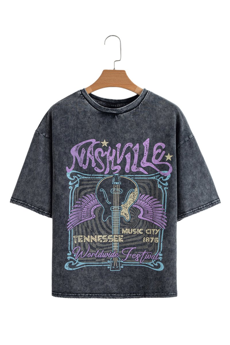 Black Vintage Nashville Tennessee Graphic Mineral Washed Tee - Love Salve