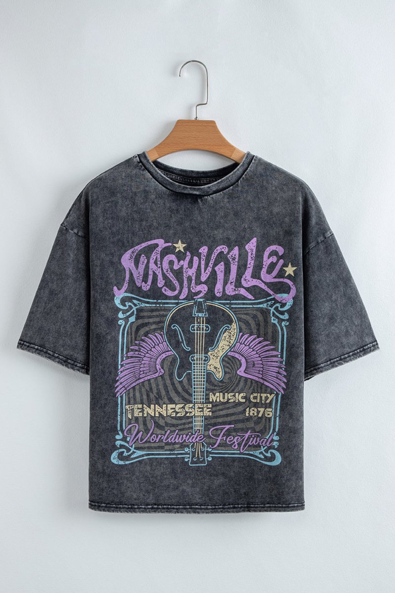 Black Vintage Nashville Tennessee Graphic Mineral Washed Tee - Love Salve
