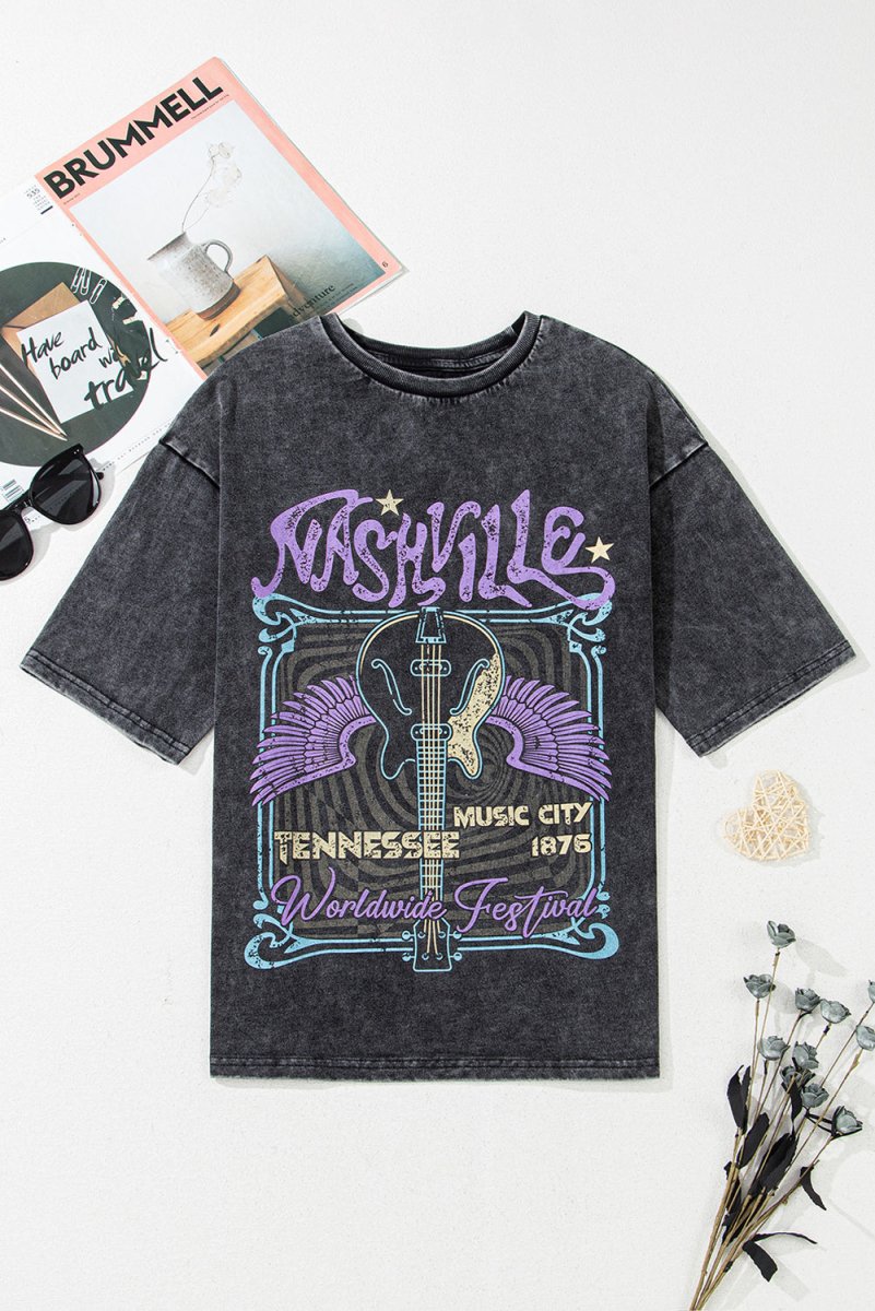Black Vintage Nashville Tennessee Graphic Mineral Washed Tee - Love Salve