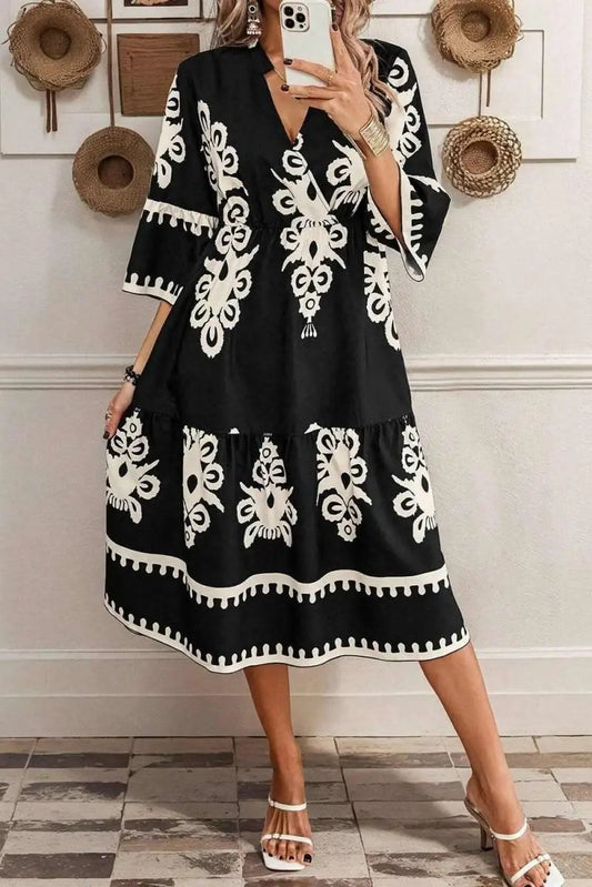 Black Western Geometric Print 3/4 Sleeve Loose Midi Dress - Love Salve