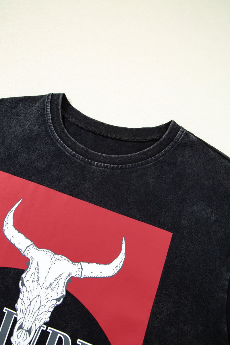 Black Western HOWDY Steer Head Print Side Slits T Shirt - Love Salve