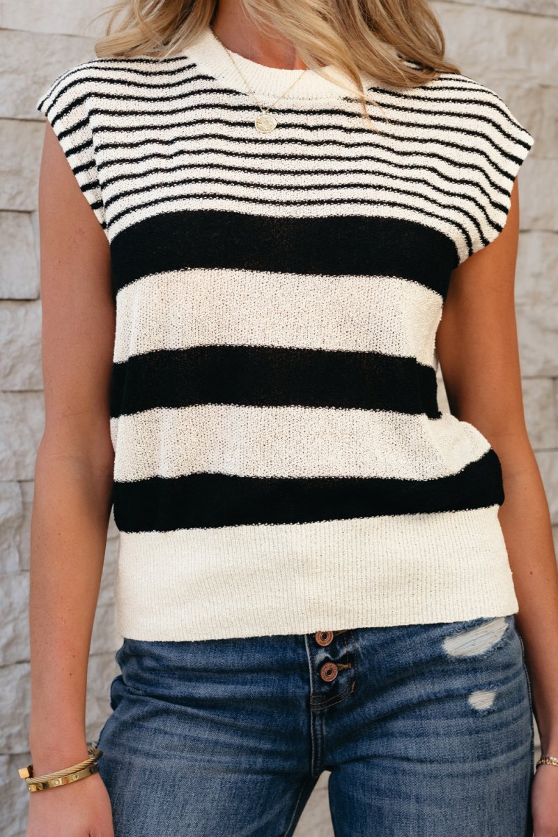 Black White Striped O Neck Sweater Vest for Women - Love Salve