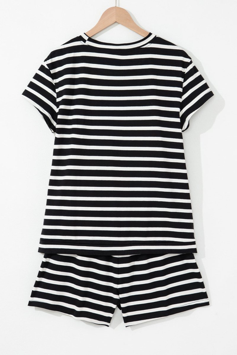 Black White Striped Short Sleeve Top and Shorts Set for Women - Love Salve