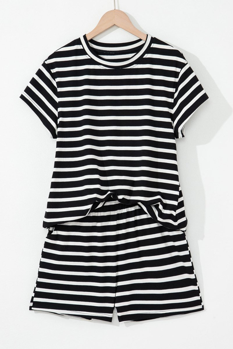 Black White Striped Short Sleeve Top and Shorts Set for Women - Love Salve
