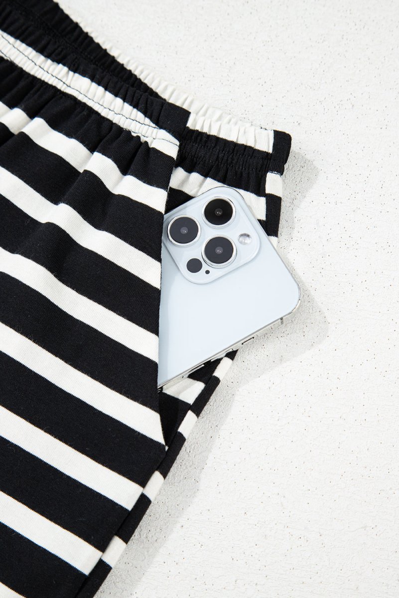 Black White Striped Short Sleeve Top and Shorts Set for Women - Love Salve