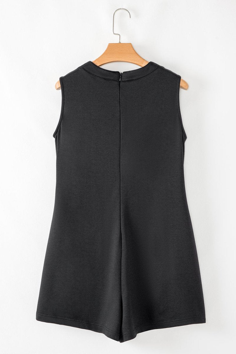 Black White Tie V Neck Pintuck Sleeveless Loose Romper - Love Salve