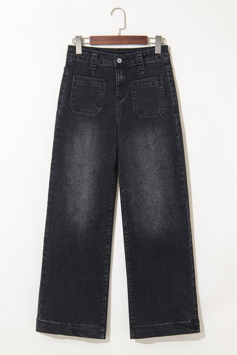 Black Wide Leg Pocketed High Waist Jeans for Women - Love Salve