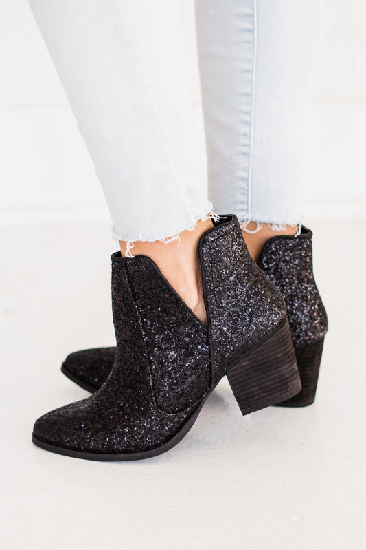 Fiera Glitter Booties Black Sequin Shine 3 Inch Heel Naughty Monkey