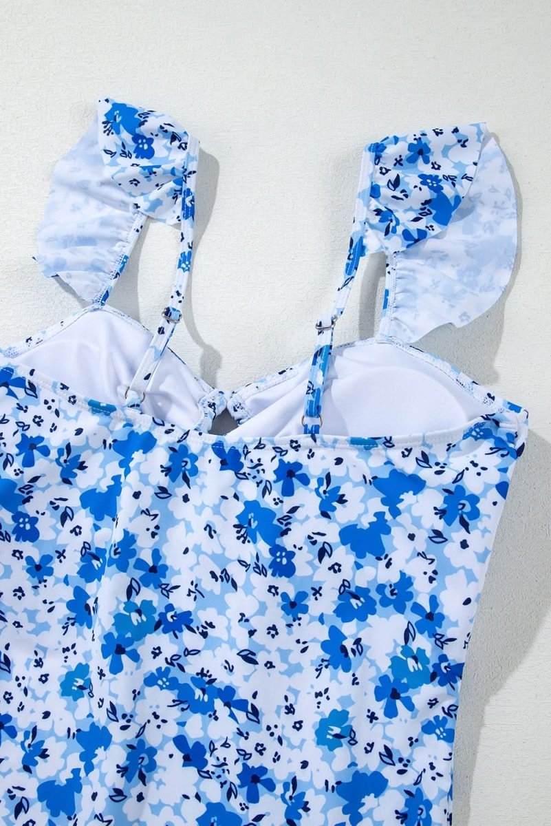Blue Bohemian Floral Ruffled Lace-Up One-Piece Swimsuit - Love Salve