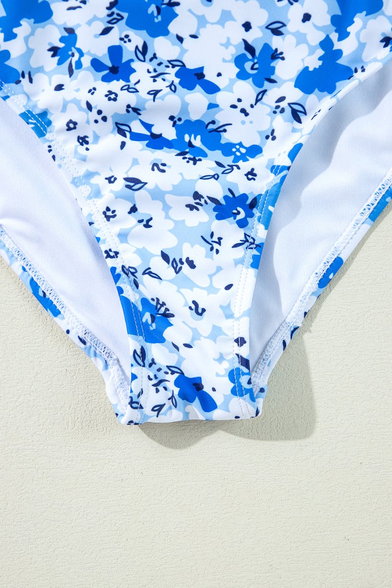 Blue Bohemian Floral Ruffled Lace-Up One-Piece Swimsuit - Love Salve