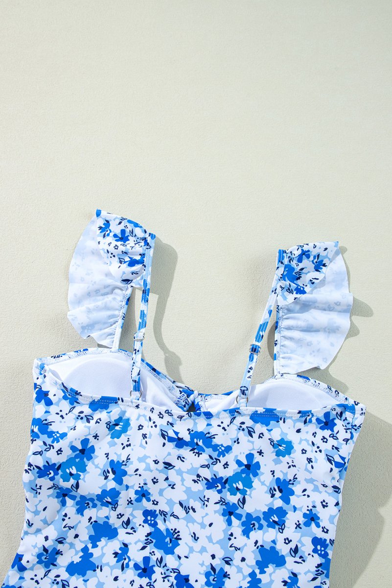 Blue Bohemian Floral Ruffled Lace-Up One-Piece Swimsuit - Love Salve