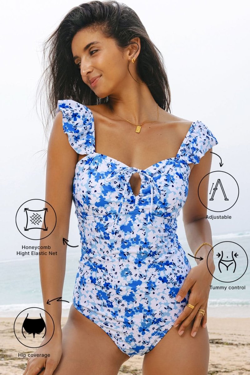Blue Bohemian Floral Ruffled Lace-Up One-Piece Swimsuit - Love Salve
