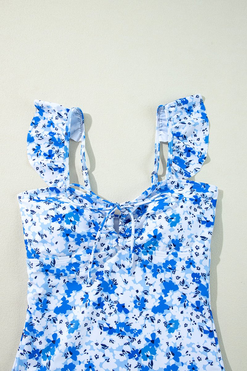 Blue Bohemian Floral Ruffled Lace-Up One-Piece Swimsuit - Love Salve