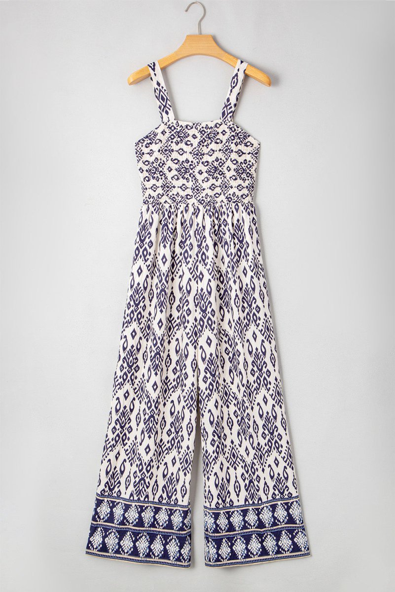 Blue Boho Geometric Print Shirred High Waist Jumpsuit - Love Salve