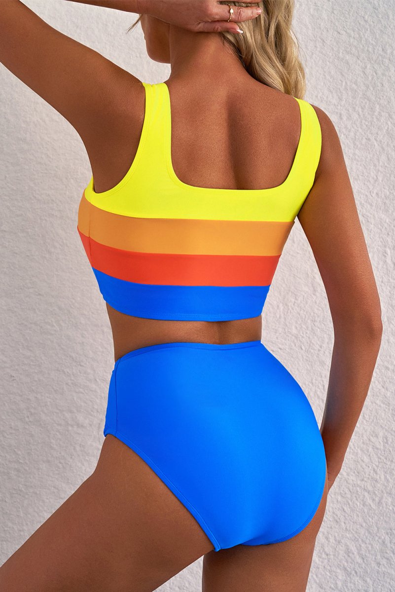 Blue Colorblock Square Neck Top Pleated High Waisted Bikini - Love Salve