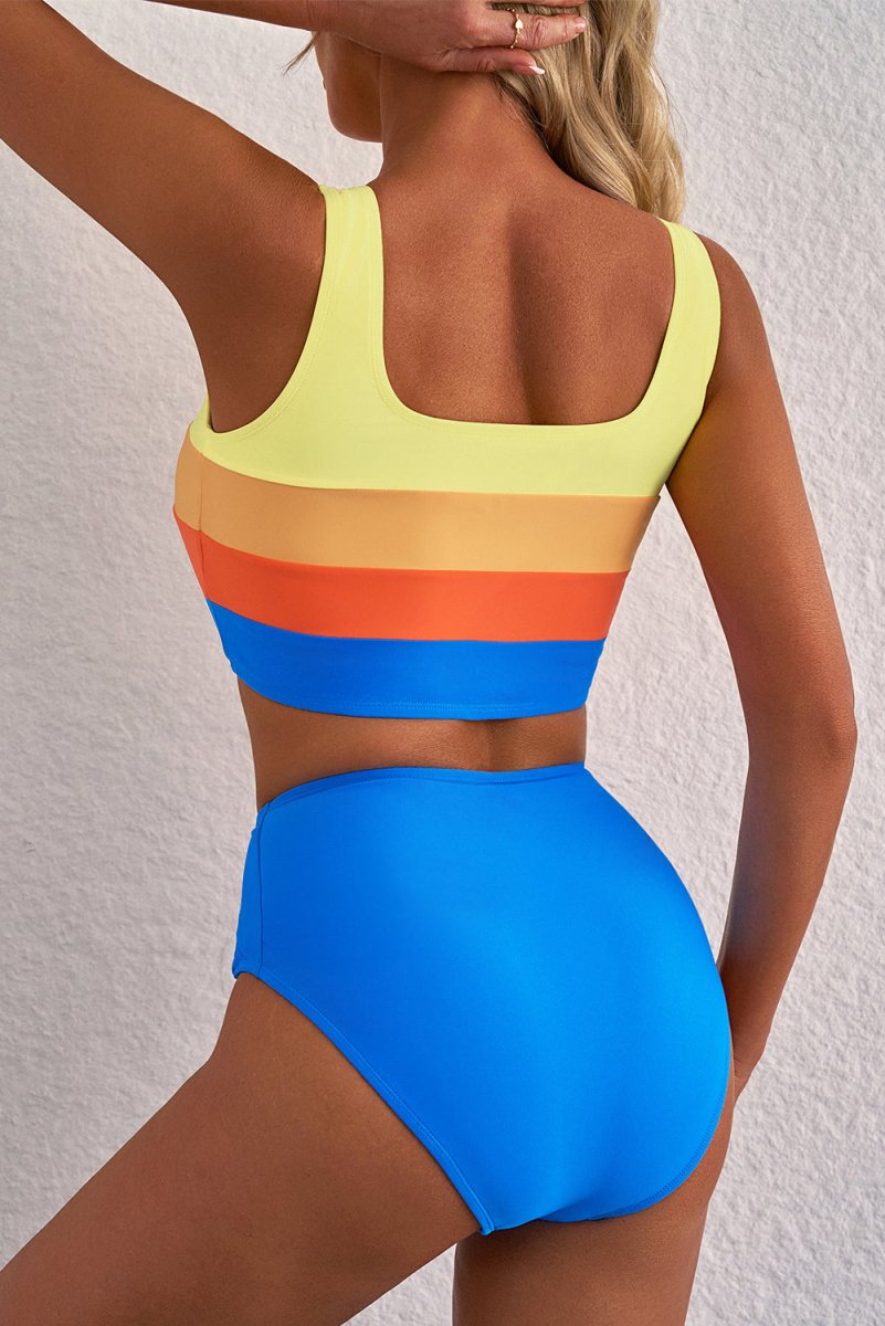 Blue Colorblock Square Neck Top Pleated High Waisted Bikini - Love Salve
