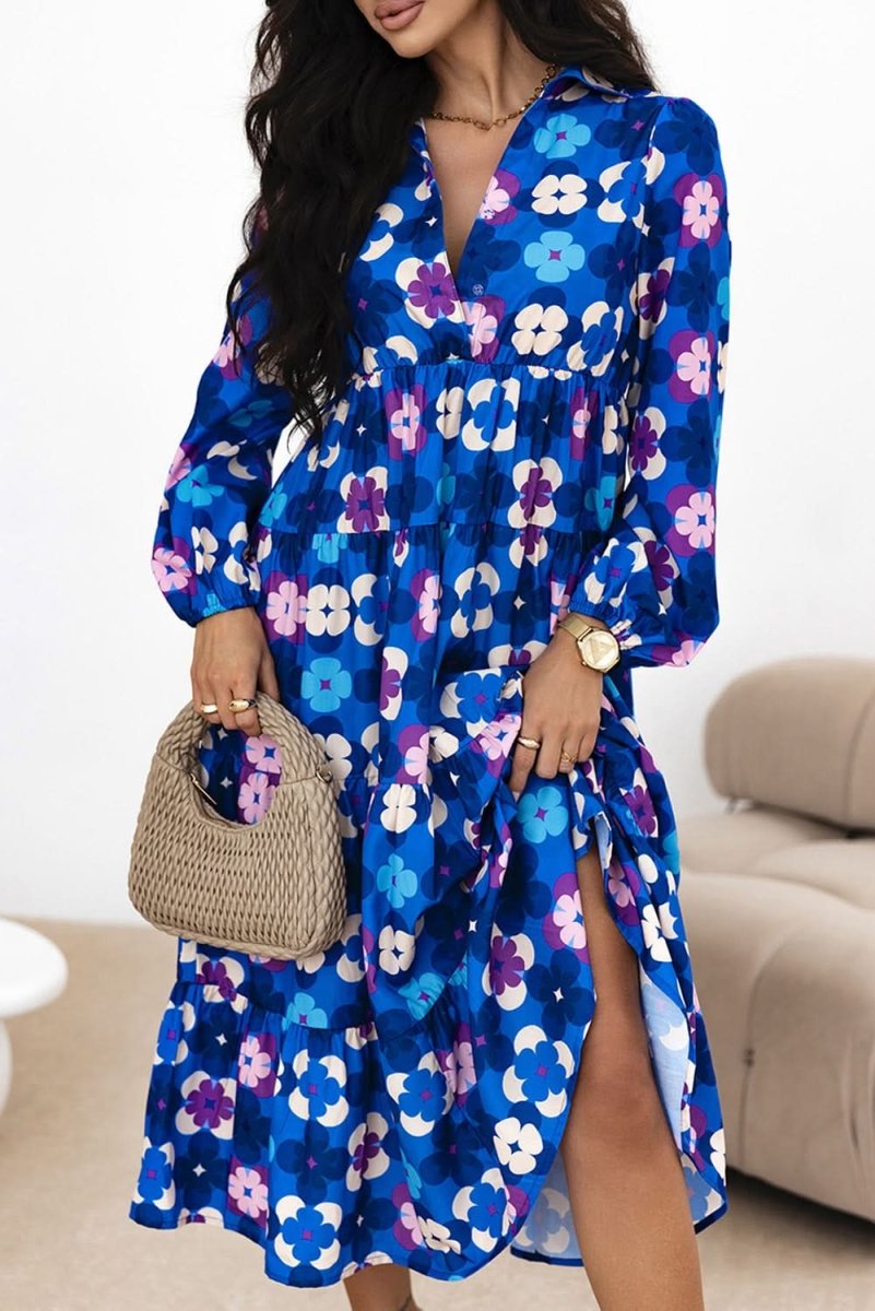 Blue Floral Peasant Sleeve Tiered Ruffle Midi Dress - Love Salve
