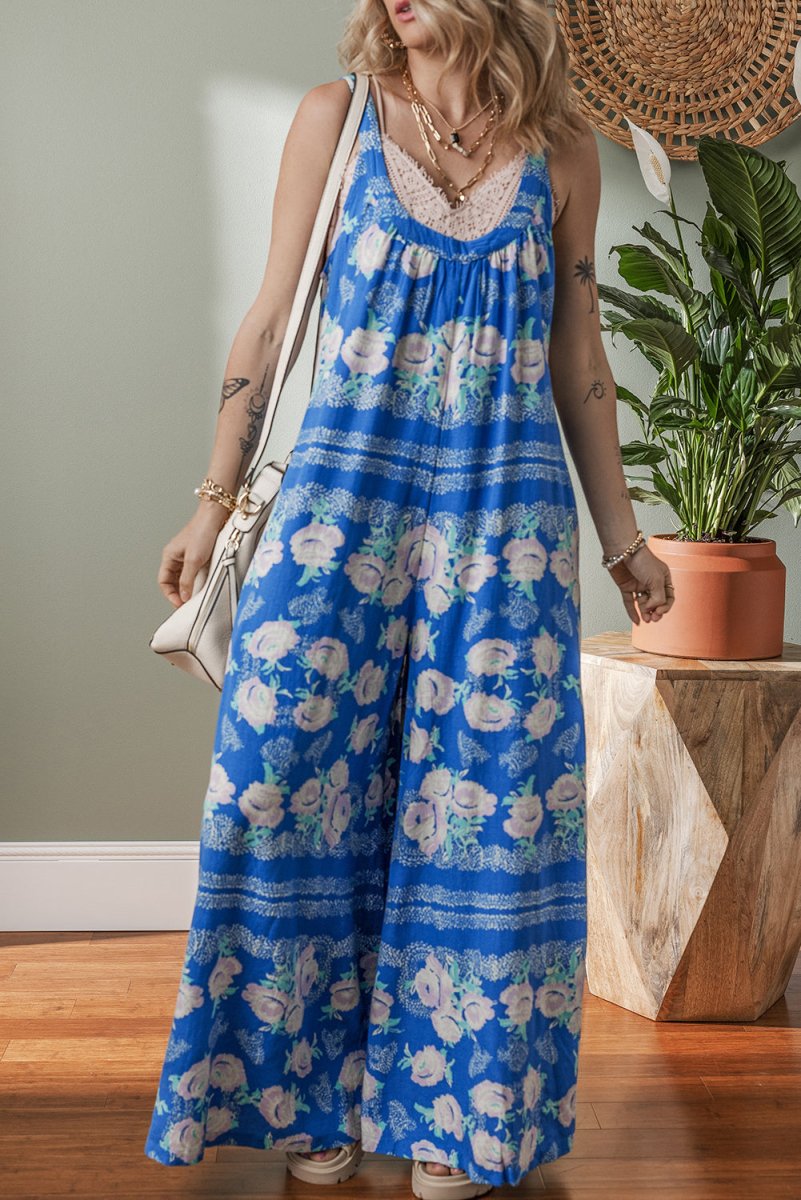 Blue Floral Print Wide Leg Sleeveless Jumpsuit for Summer - Love Salve