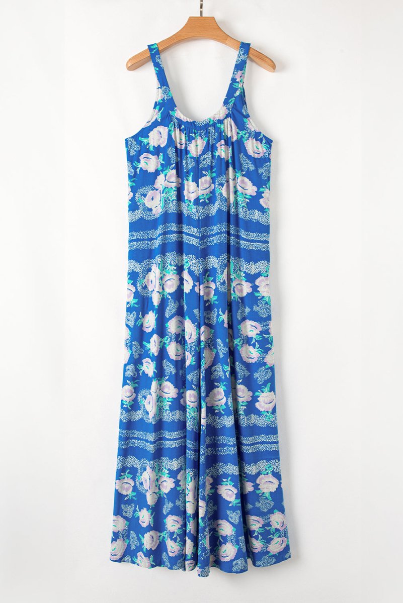 Blue Floral Print Wide Leg Sleeveless Jumpsuit for Summer - Love Salve