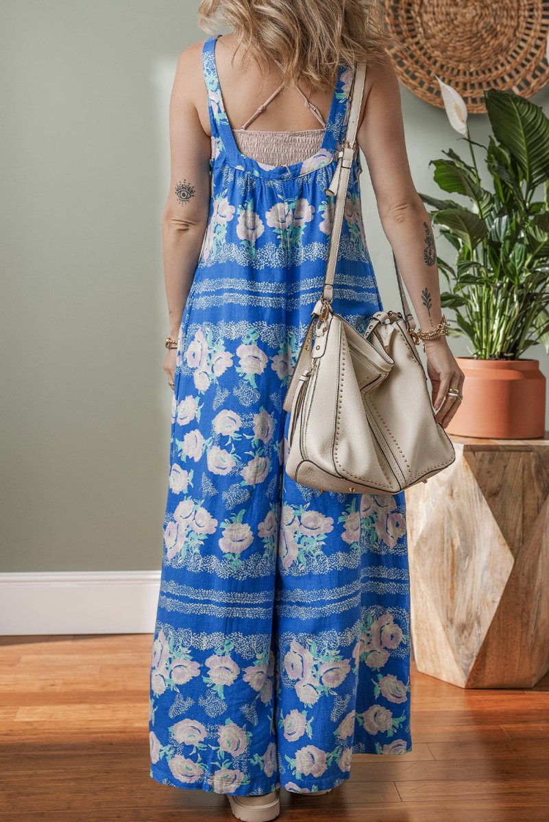 Blue Floral Print Wide Leg Sleeveless Jumpsuit for Summer - Love Salve